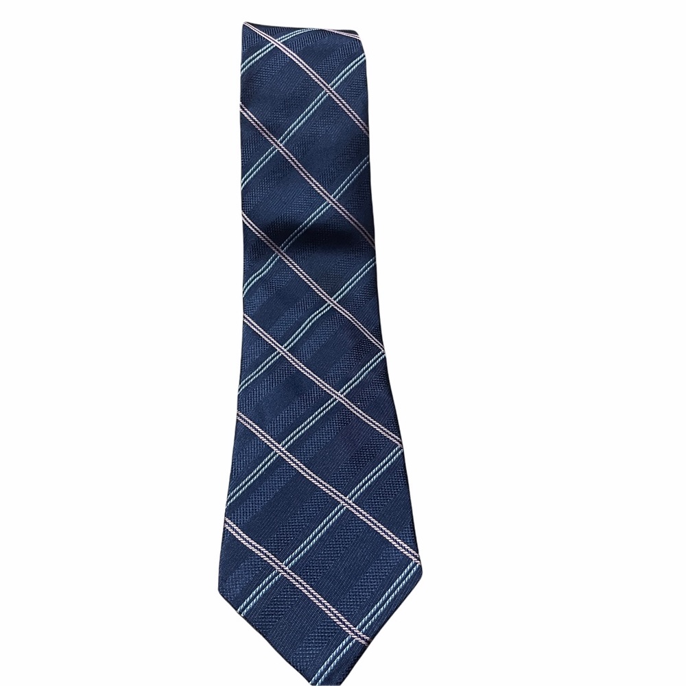 Bloomingdales Silk Navy Tie with Light Blue and Pink Stripes